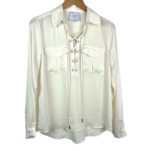Cream White Long Sleeve Lace Up Top Satiny - Picture 1 of 6